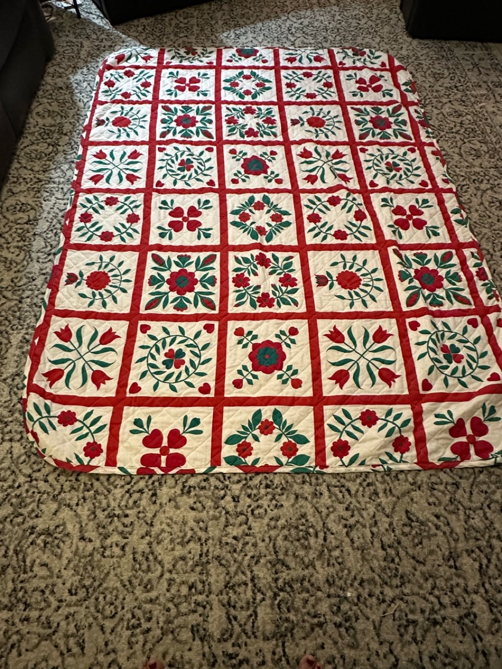 Handmade Twin Floral Patchwork Quilt + Red Ruffle Bed Skirt Set